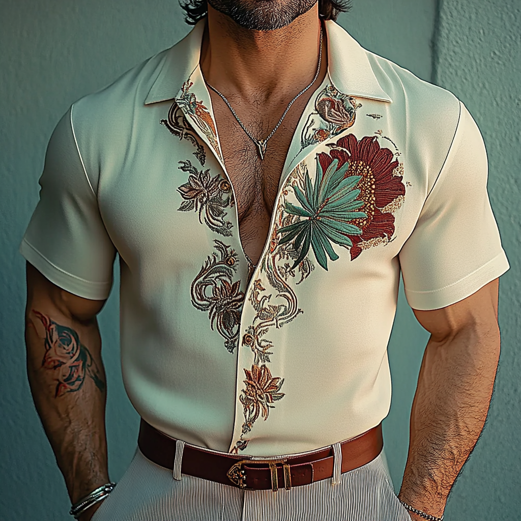 Men's Fashion Floral Embroidery Short Sleeve Shirt 