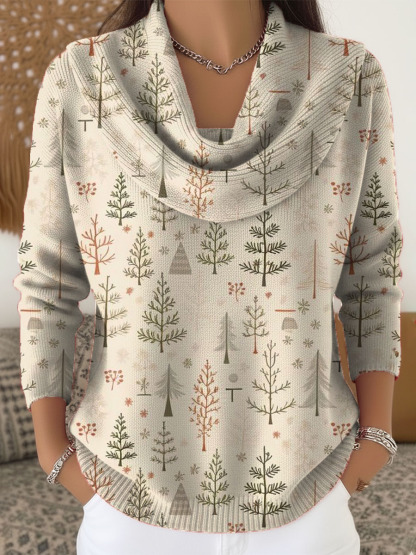 Women's Christmas Tree Pattern Art Print Cowl Neck Sweater