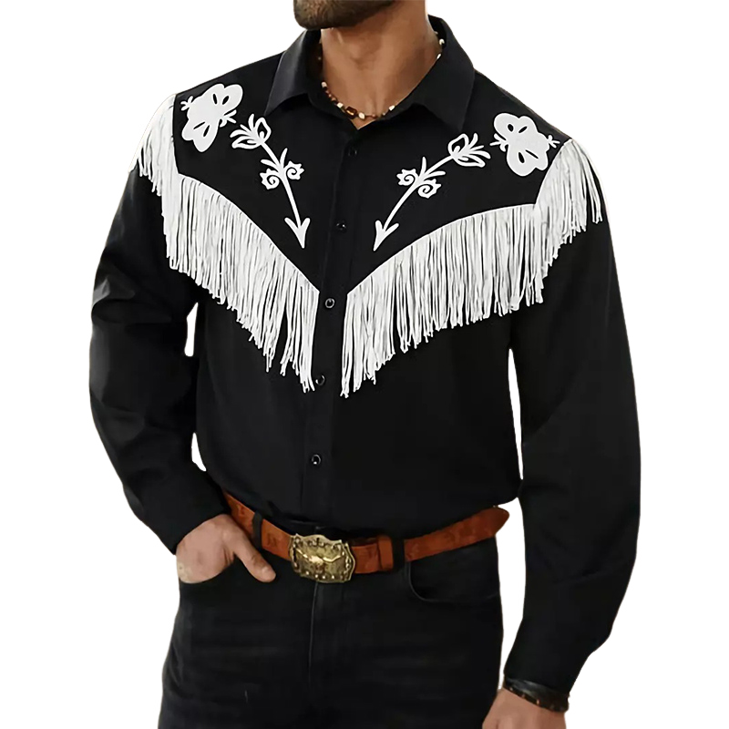 Men's Black Embroidered Tassel Long-sleeved Shirt 
