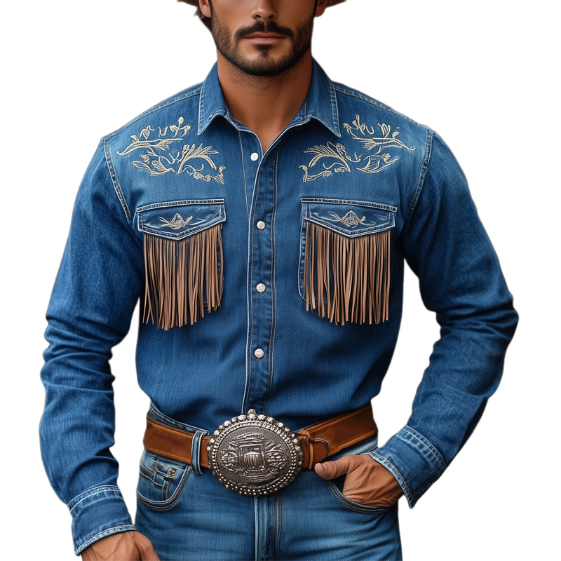 Men's Vintage Dark Blue Embroidered Tassel Western Denim Shirt 