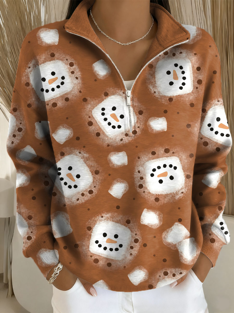 Women's Christmas Snowman Art Print Casual Long Sleeve Zip Sweatshirt