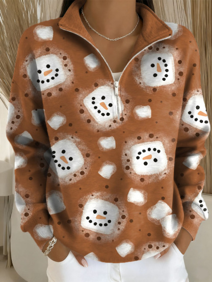 Women's Christmas Snowman Art Print Casual Long Sleeve Zip Sweatshirt