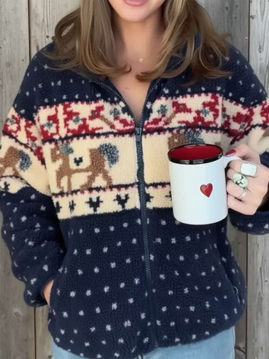 Cozy Lambswool Reindeer Print Zip-up Hooded Jacket