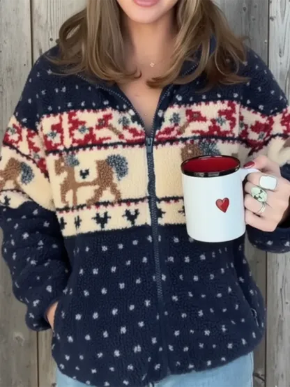 Cozy Lambswool Reindeer Print Zip-up Hooded Jacket