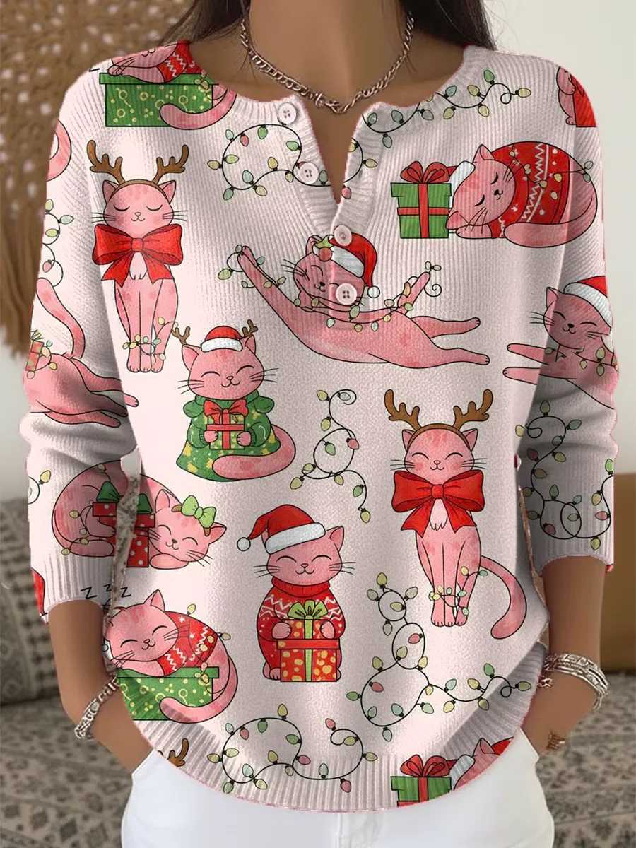 Women's Christmas Cats Pattern Art Print Casual Cardigan Sweater