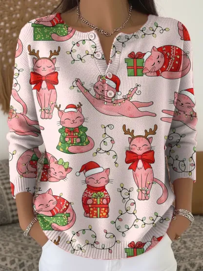 Women's Christmas Cats Pattern Art Print Casual Cardigan Sweater