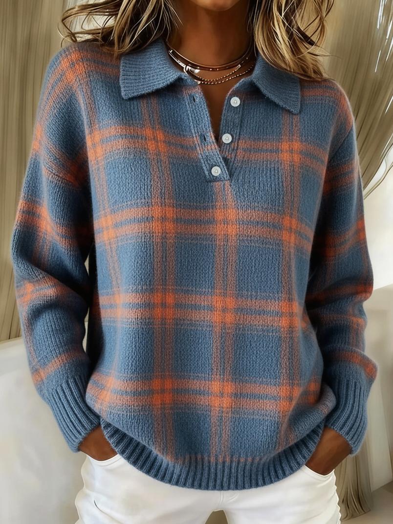 Casual Contrast Plaid Polo Collar Button-down Sweater Top