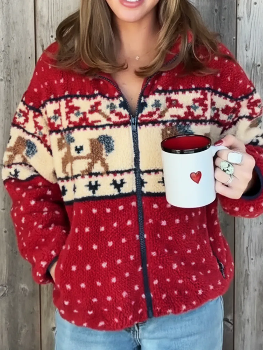 Cozy Lambswool Reindeer Print Zip-up Hooded Jacket