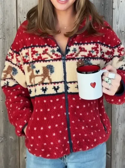 Cozy Lambswool Reindeer Print Zip-up Hooded Jacket