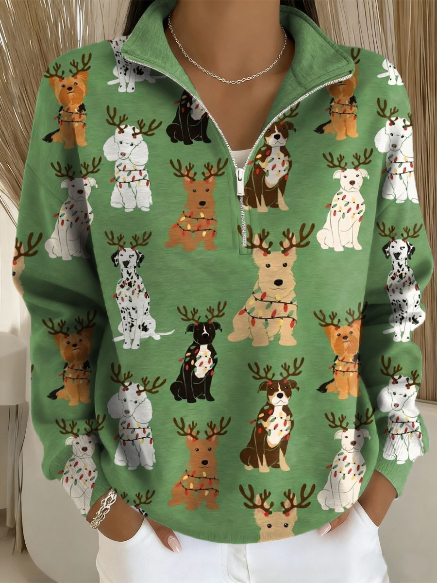 Women's Christmas Dogs Pattern Art Print Casual Long Sleeve Zip Sweatshirt