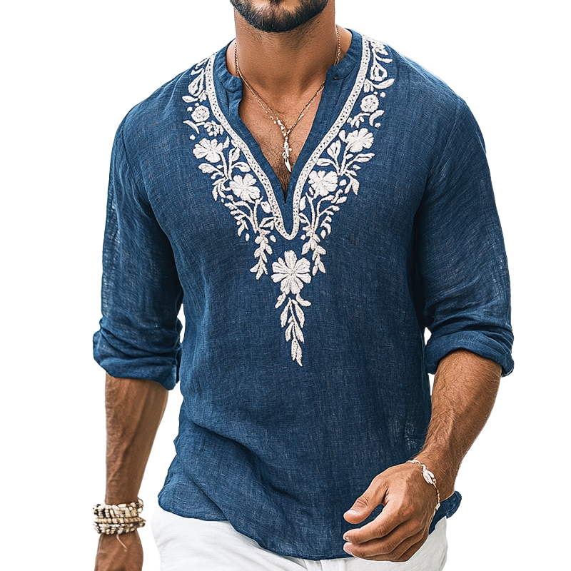 Men's Vintage Casual Embroidered Cotton and Linen Henley Collar Long Sleeve Shirt