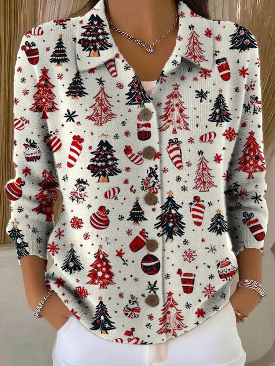 Women's Christmas Tree Art Print Buttoned Cardigan Sweater
