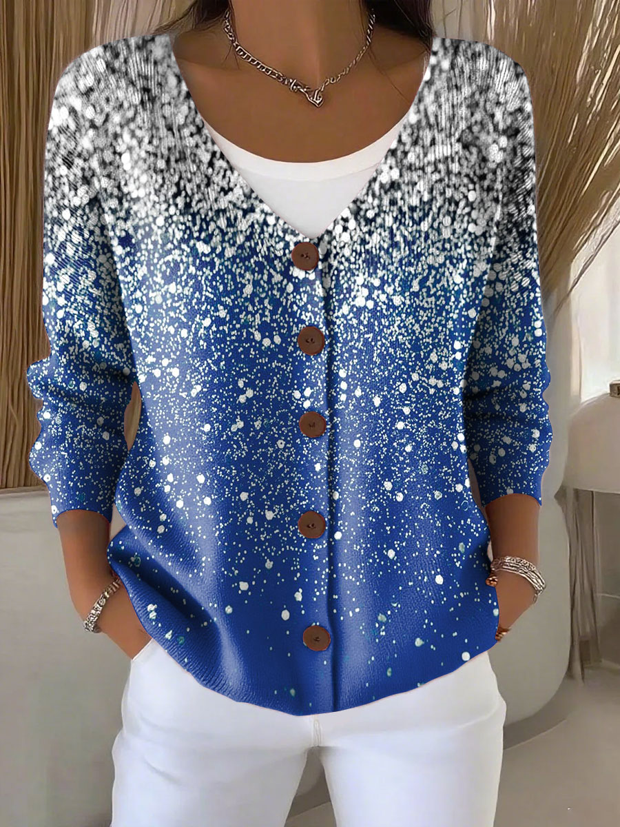 Christmas Snowflake Print Buttoned V-neck Cardigan Sweater