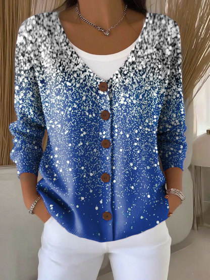 Christmas Snowflake Print Buttoned V-neck Cardigan Sweater