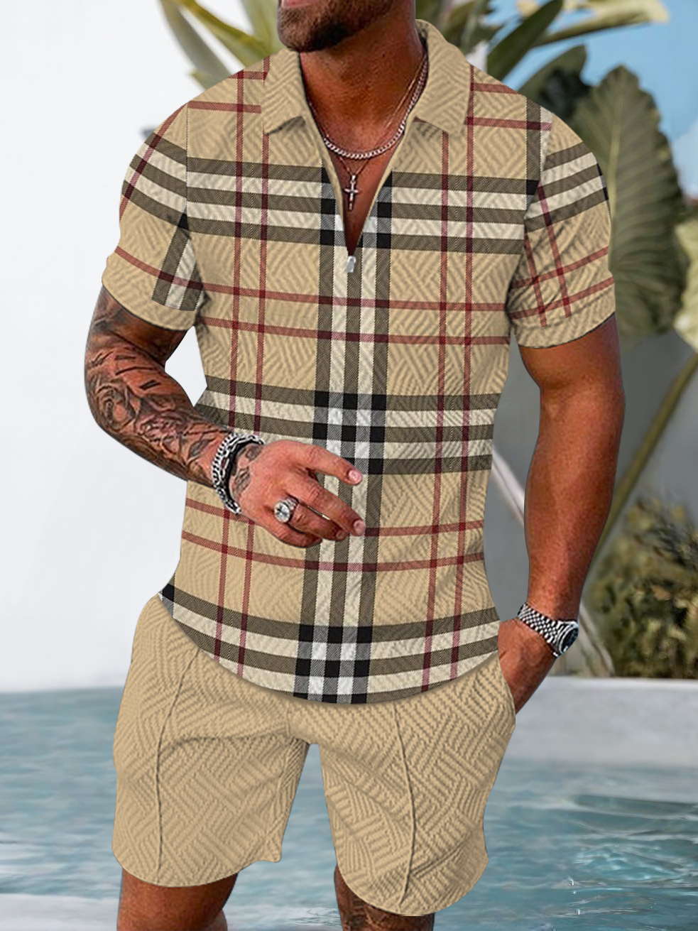 Mens Fashion Casual Color Matching Printed Short Sleeved Polo Suit