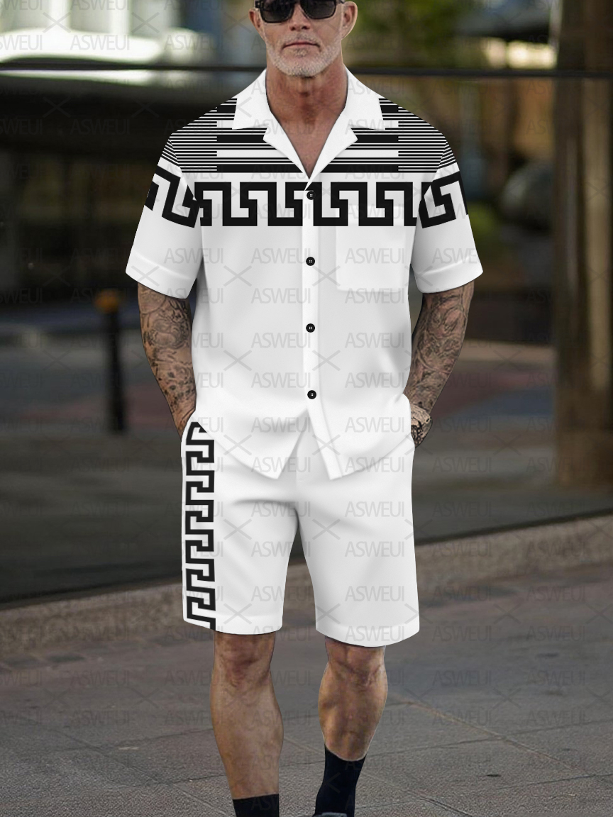 Men's Fashion Casual Geometric Print Short-Sleeved Shirt Set