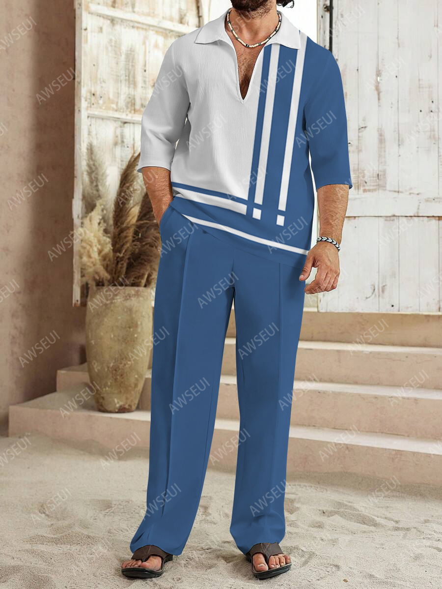 Men's fashion casual color matching print sleeve V-neck two-piece set