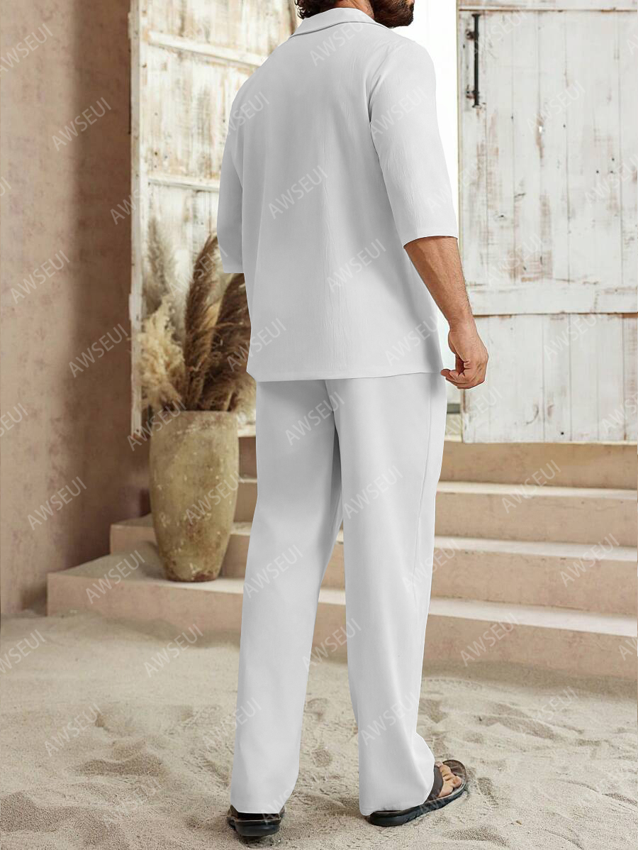 Men's fashion casual color matching print sleeve V-neck two-piece set