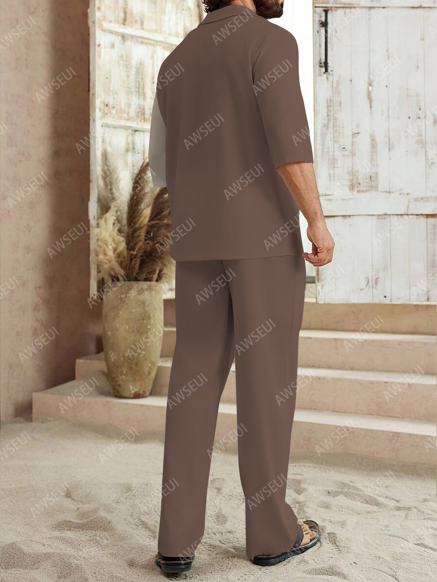 Men's fashion casual color matching print sleeve V-neck two-piece set