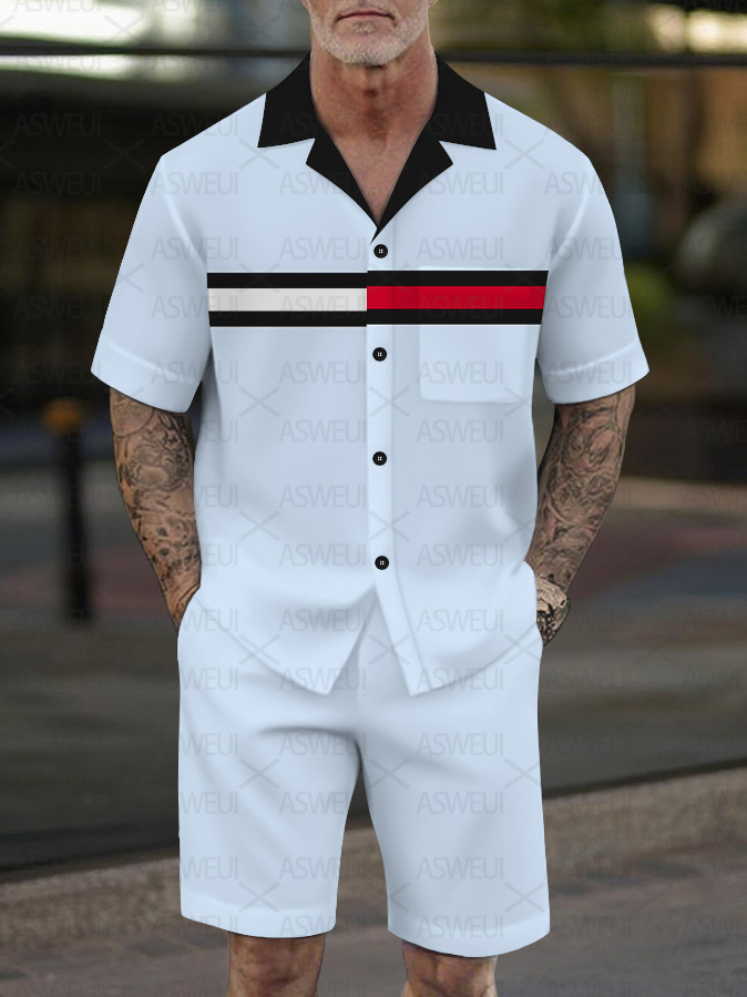 Men's Fashion Casual Geometric Print Short-Sleeved Shirt Set