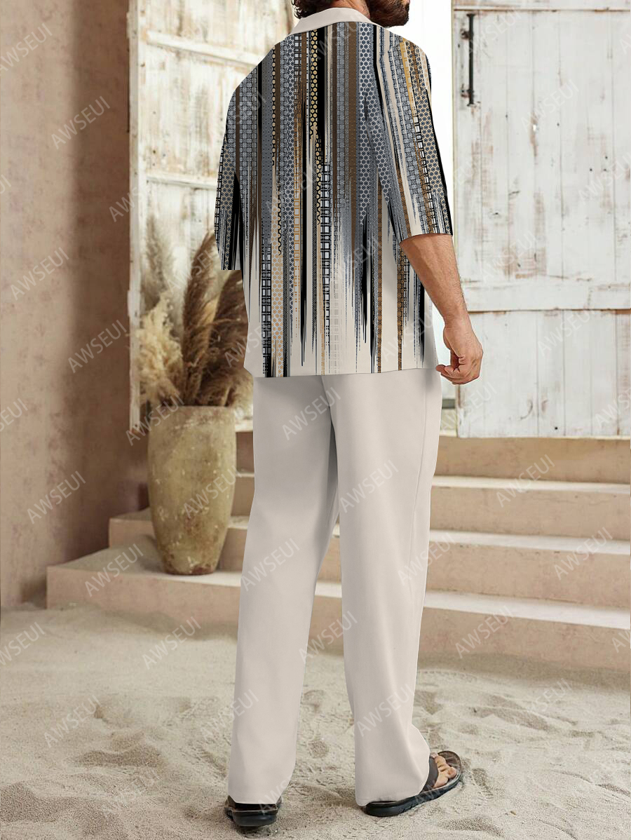 Men's fashion casual color matching print sleeve V-neck two-piece set