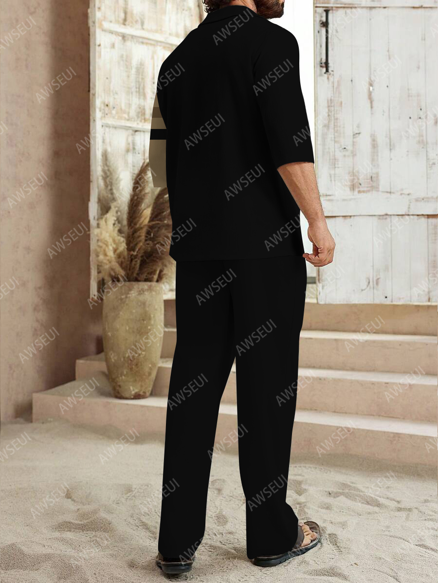 Men's fashion casual color matching print sleeve V-neck two-piece set