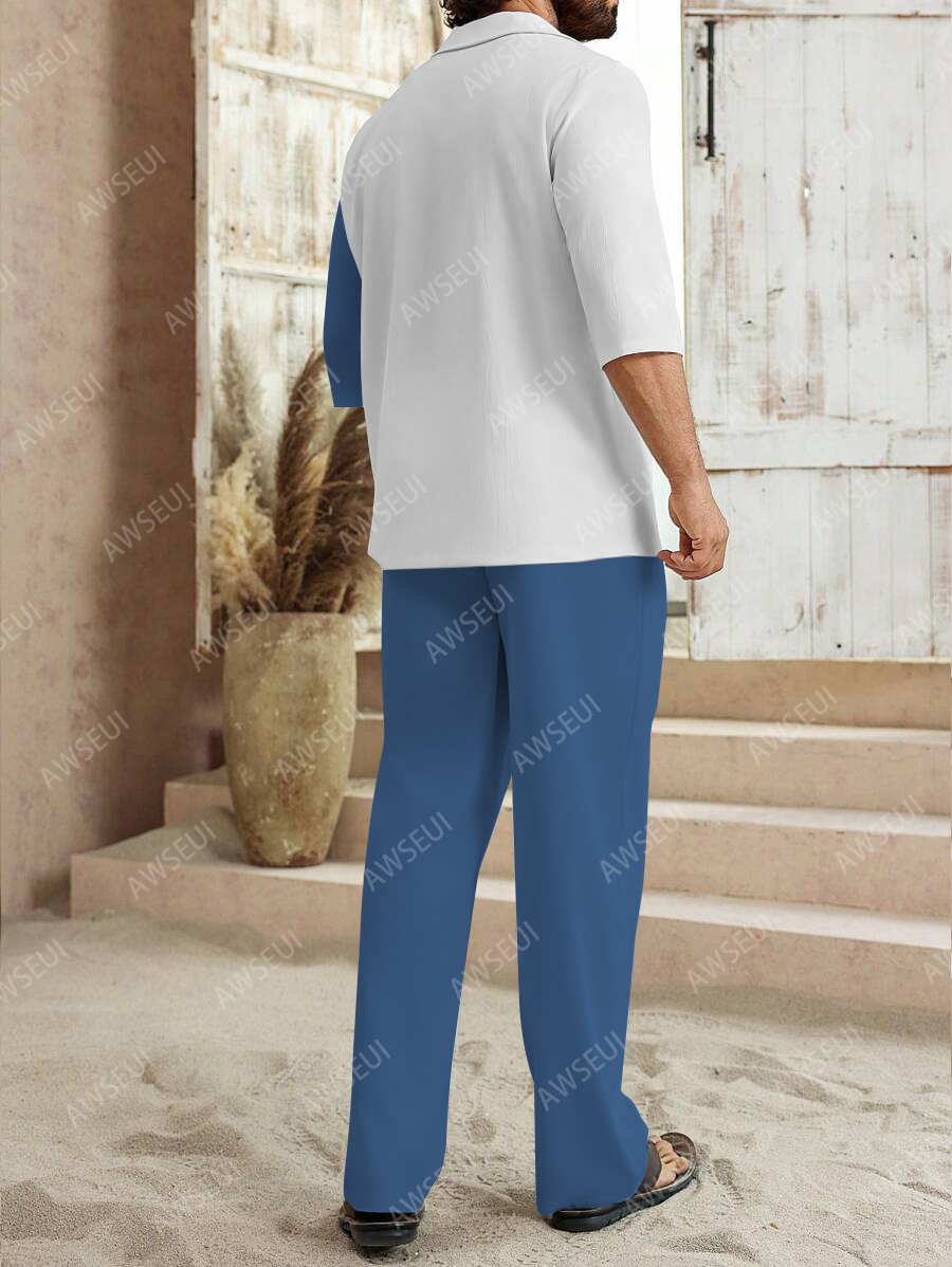 Men's fashion casual color matching print sleeve V-neck two-piece set