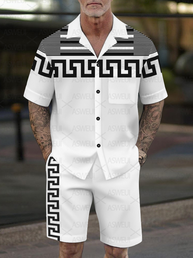 Men's Fashion Casual Geometric Print Short-Sleeved Shirt Set