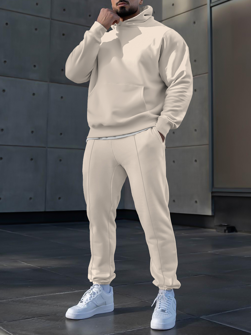 Men's fashion casual solid color hoodie two-piece set