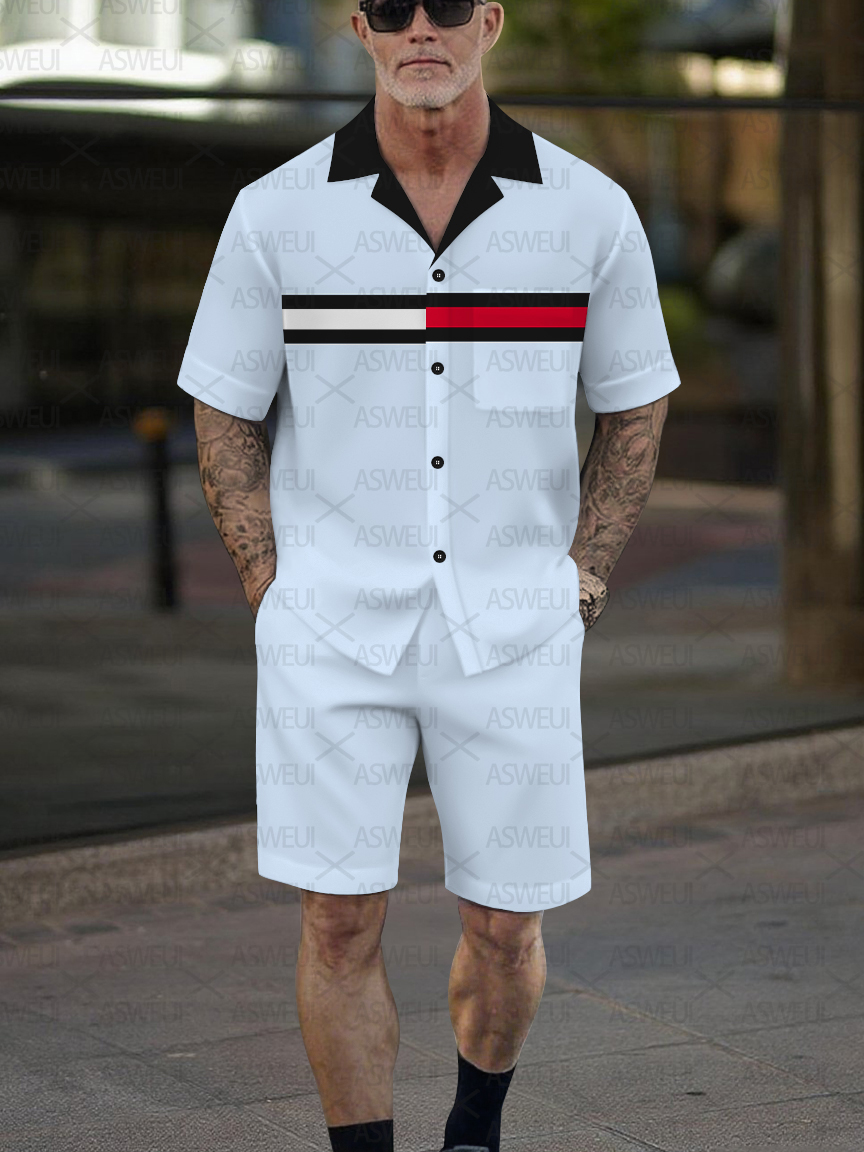 Men's Fashion Casual Geometric Print Short-Sleeved Shirt Set