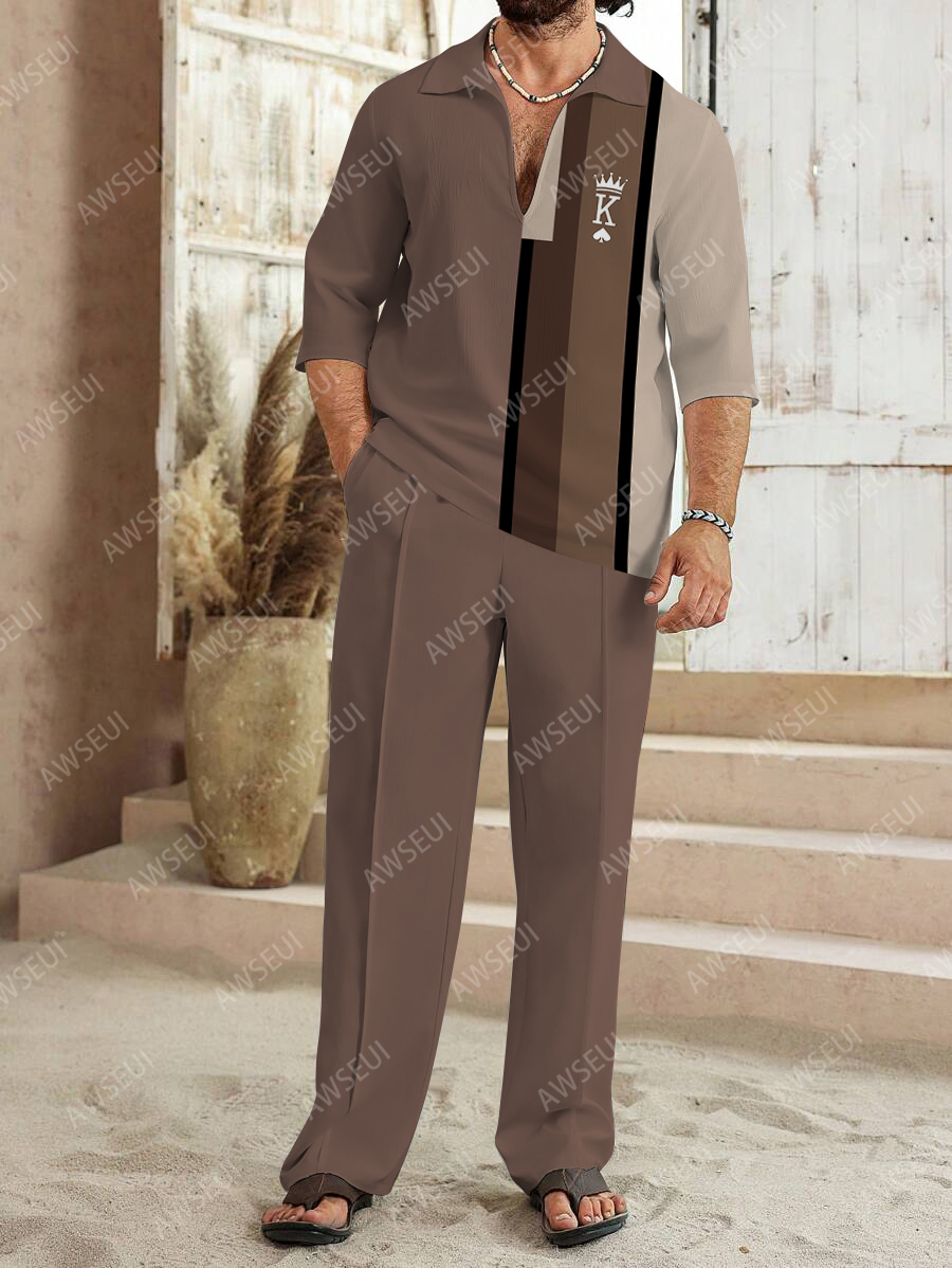 Men's fashion casual color matching print sleeve V-neck two-piece set