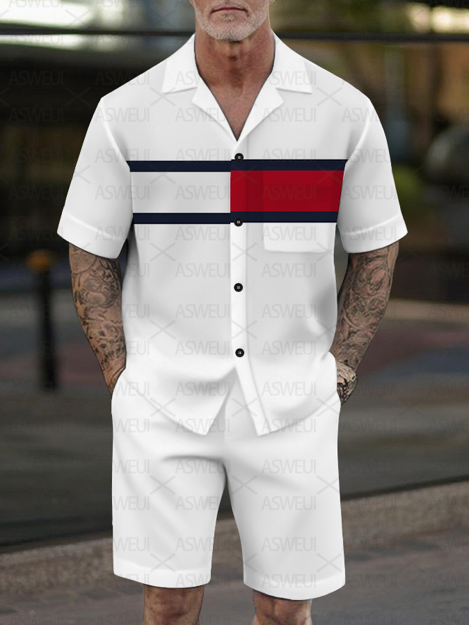 Men's Fashion Casual Geometric Print Short-Sleeved Shirt Set