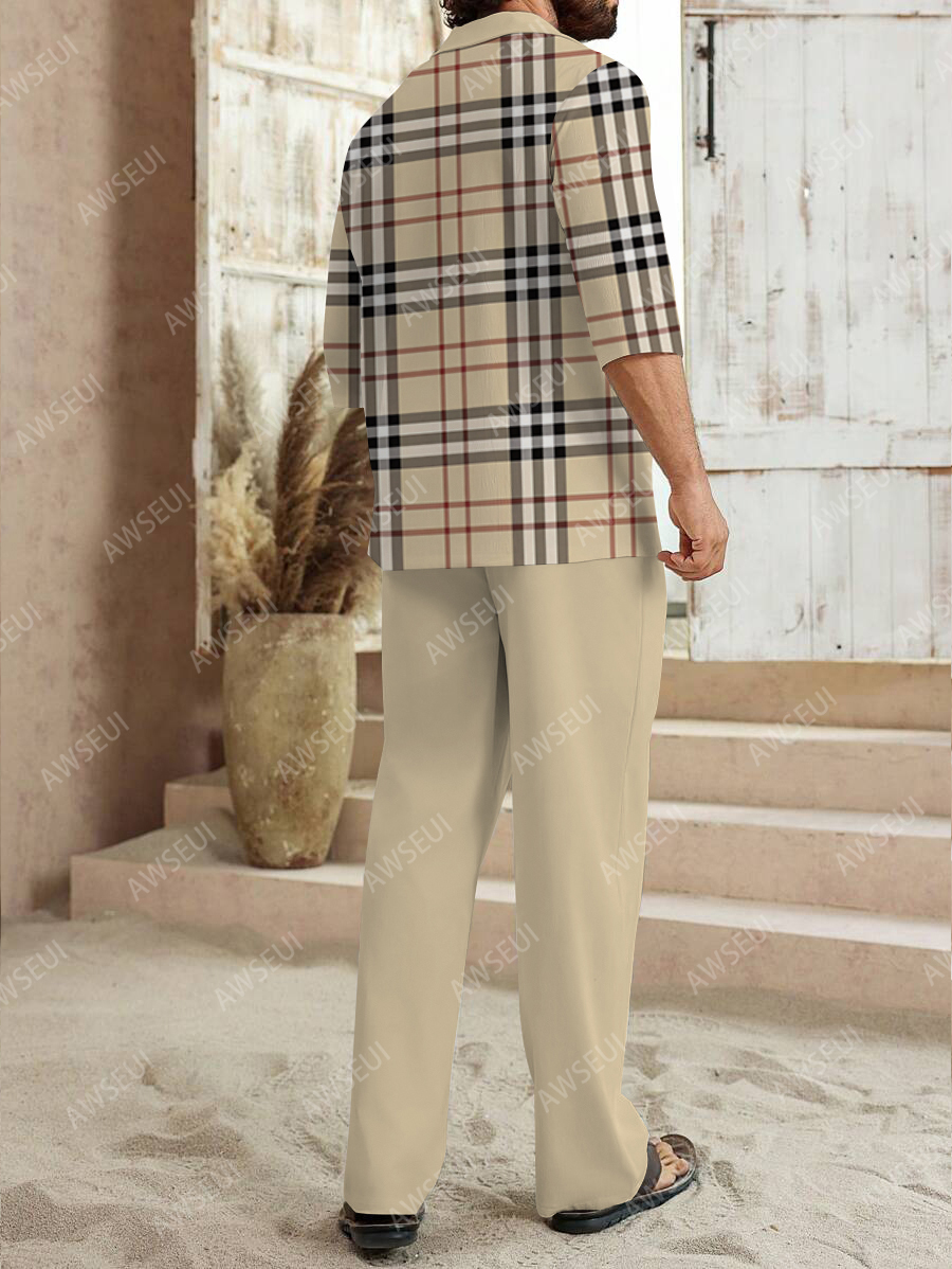 Men's fashion casual color matching print sleeve V-neck two-piece set