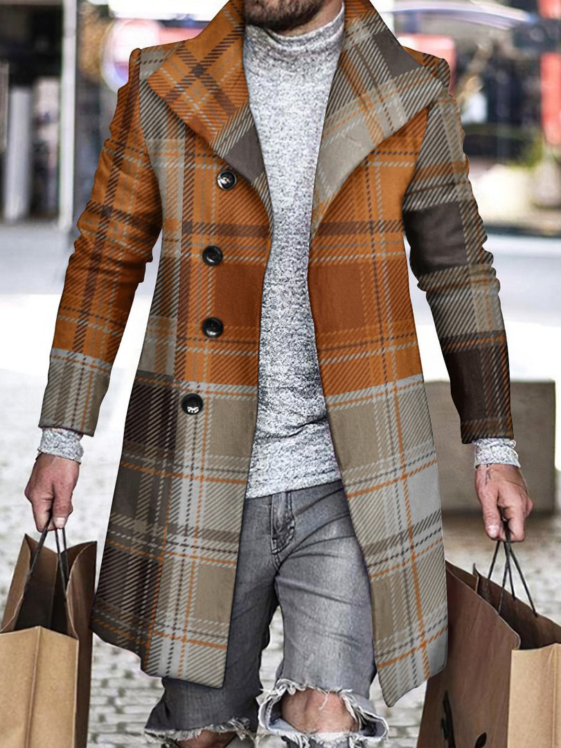 Men's fashion geometric print mid-length coat