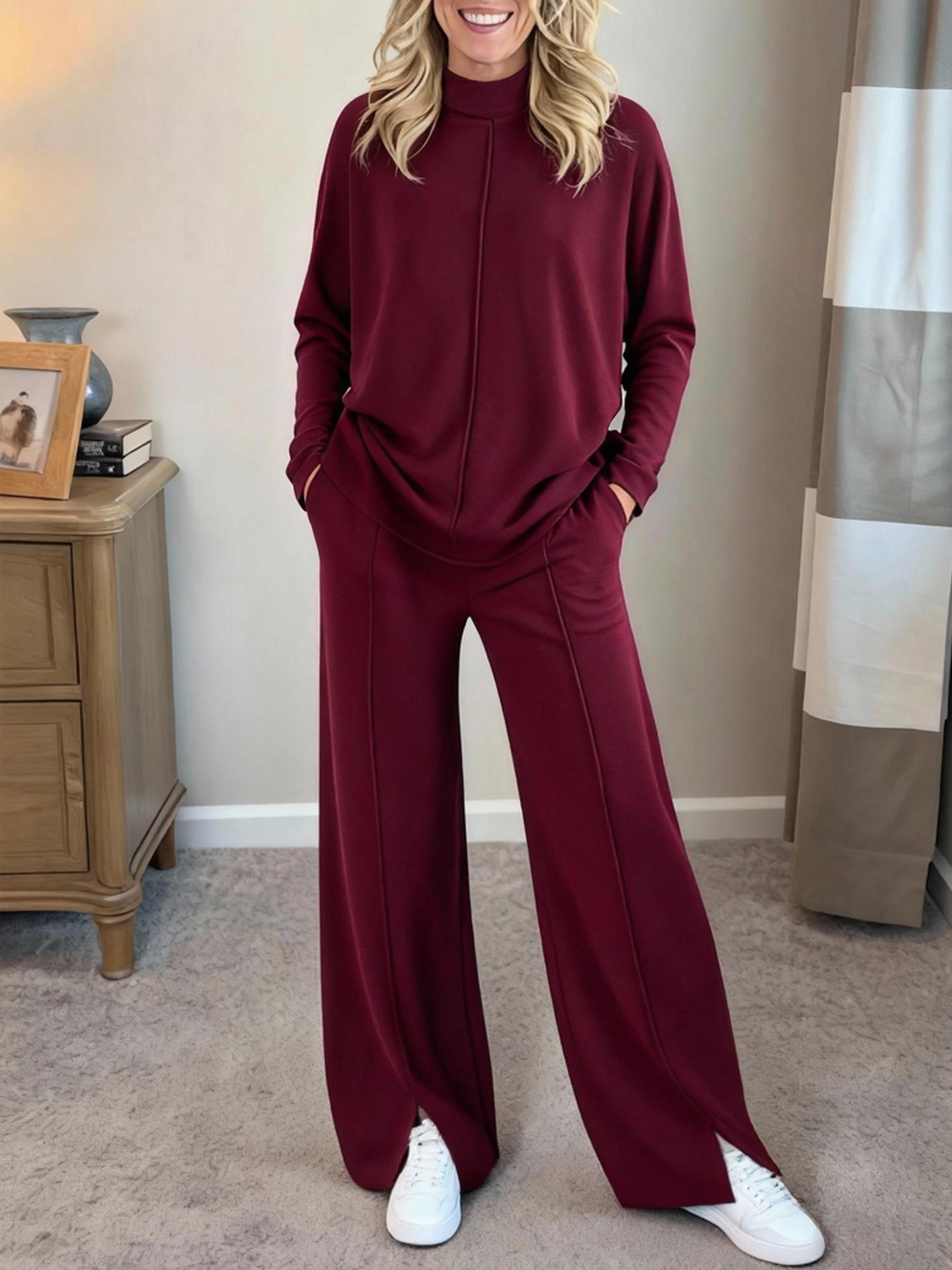 Women's fashionable casual solid color two piece set