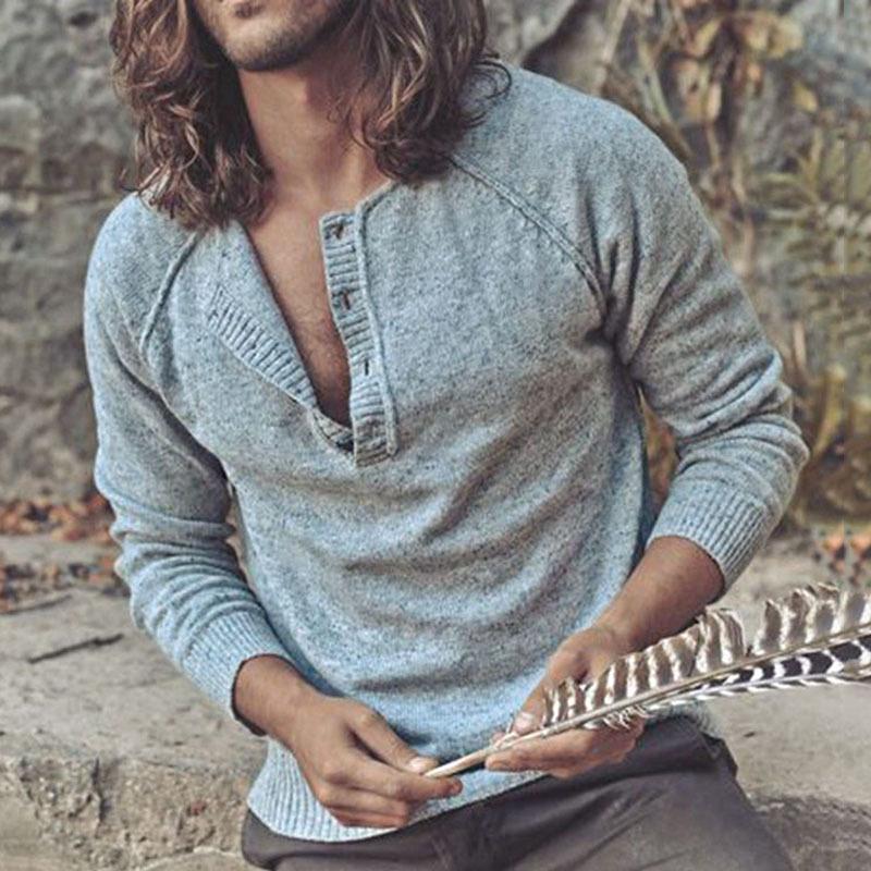 Men's Solid Color V-neck Long Sleeve Knitwear 