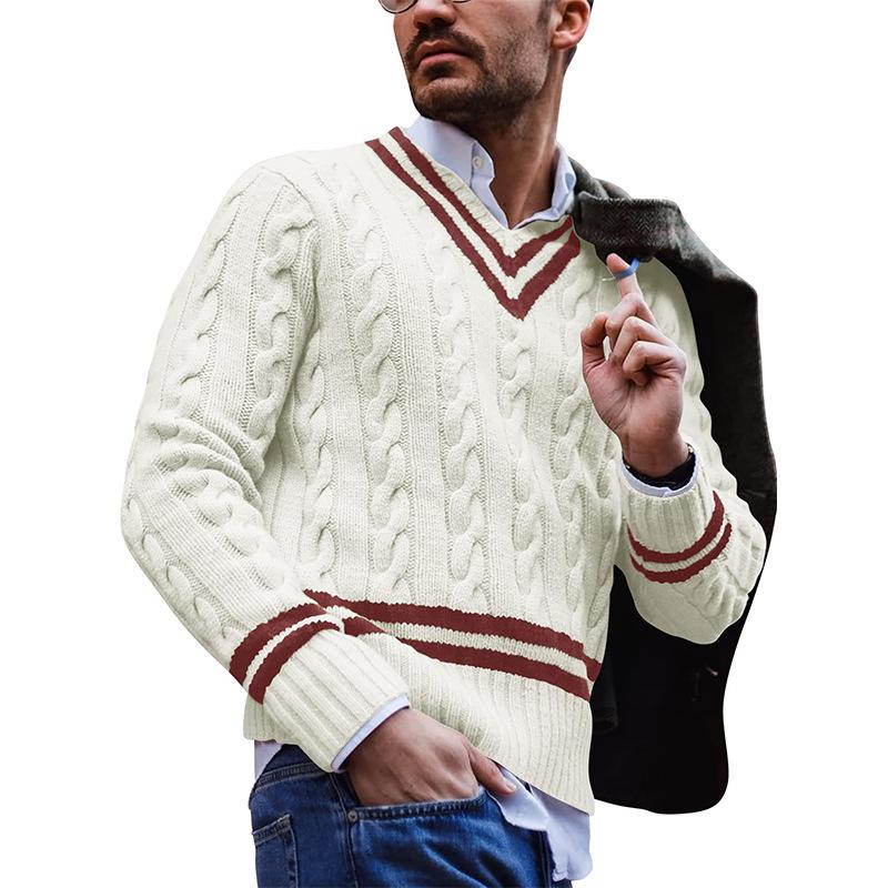 Men's V-Neck Striped Colorblock Knit Sweater 