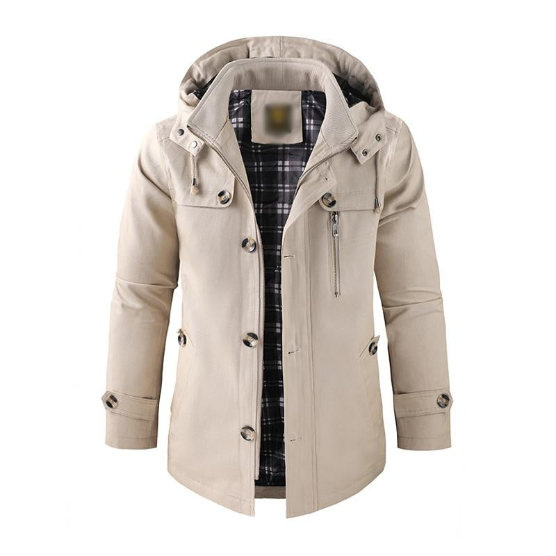 Men's Casual Washed Cotton Warm Stand Collar Hooded Mid-length Coat 