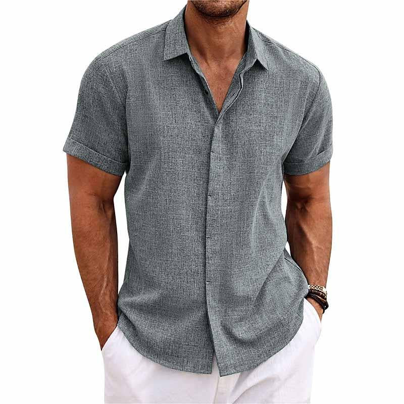 Men's Solid Color Lapel Cotton Linen Short Sleeve Shirt 