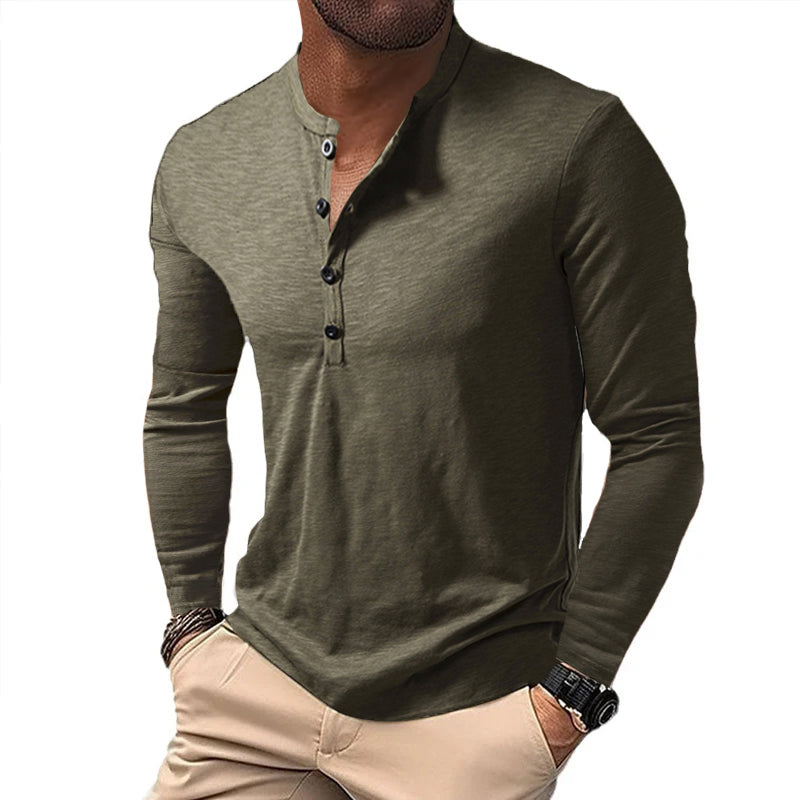 Men's Casual Henley Collar Solid Long Sleeve T-Shirt 
