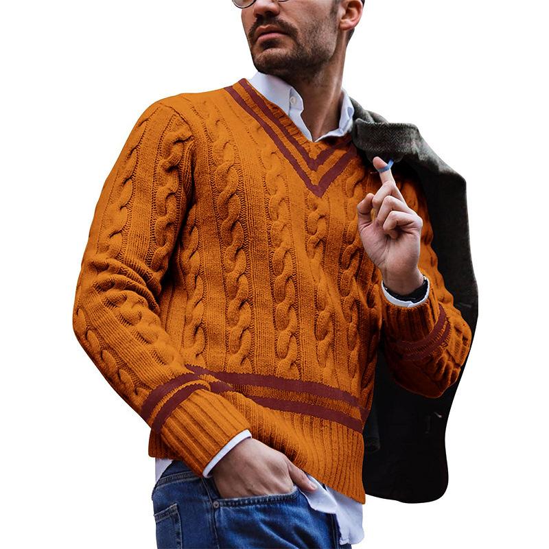 Men's V-Neck Striped Colorblock Knit Sweater 