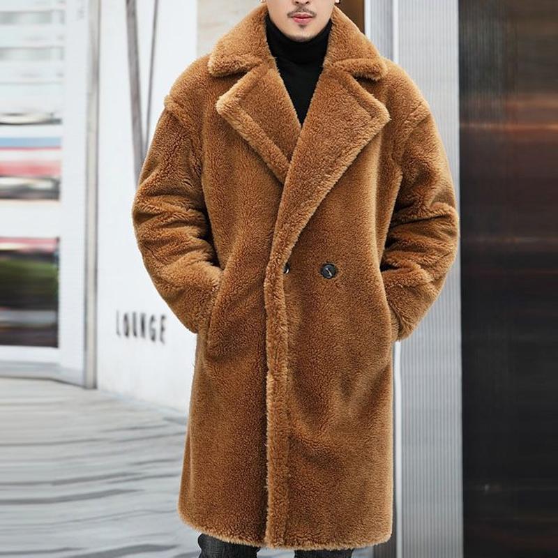 Men's Warm Solid Color Teddy Plush Lapel Long Coat 