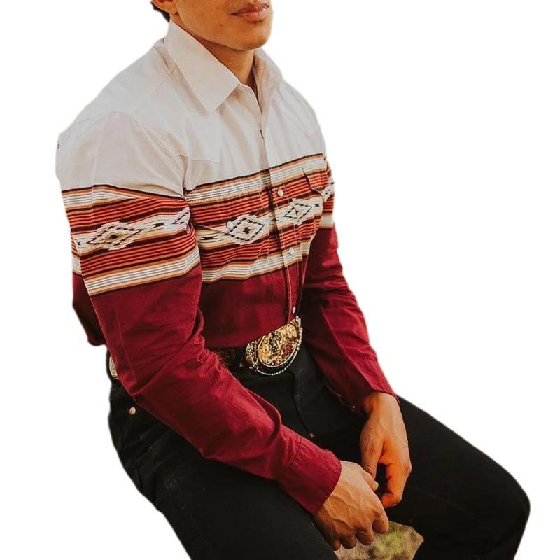 Men's Western Denim Print Lapel Long Sleeve Shirt 