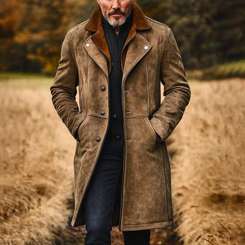 Men's Vintage Double Collar Suede Mid-Length Coat 