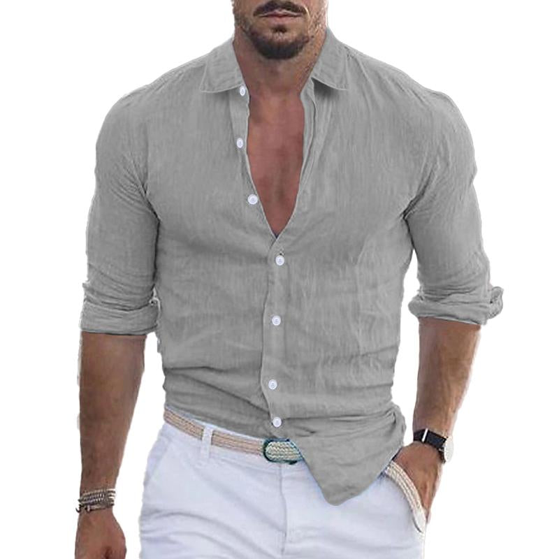Men's Casual Solid Color Lapel Long Sleeve Shirt 