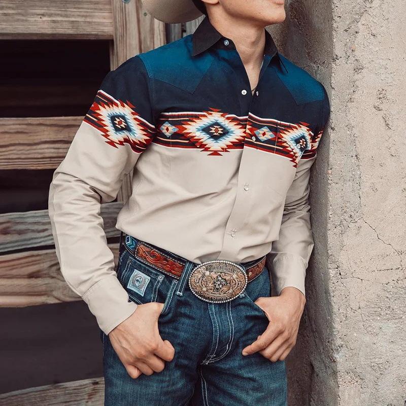 Men's Western Denim Print Lapel Long Sleeve Shirt 