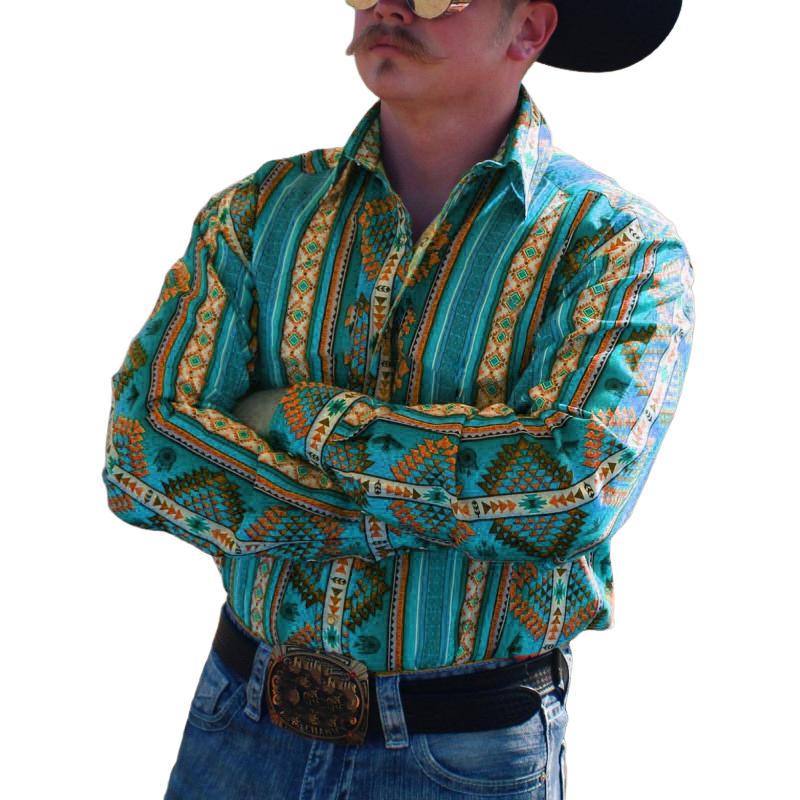 Men's Western Cowboy Stripe Printed Vacation Long Sleeve Shirt 