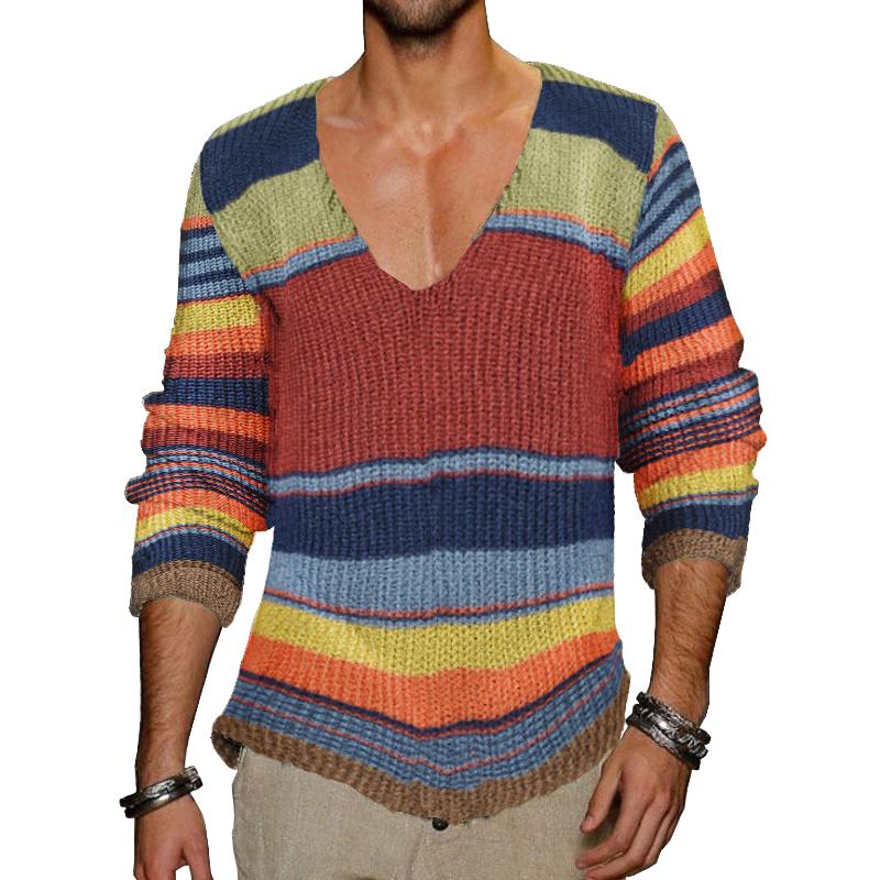 Men's Vintage Rainbow Stripe V-Neck Knit Sweater