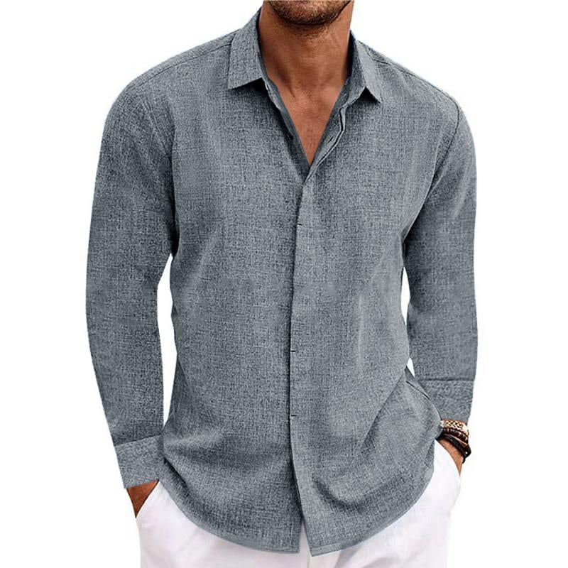 Men's Casual Loose Solid Color Cotton Linen Long Sleeve Shirt