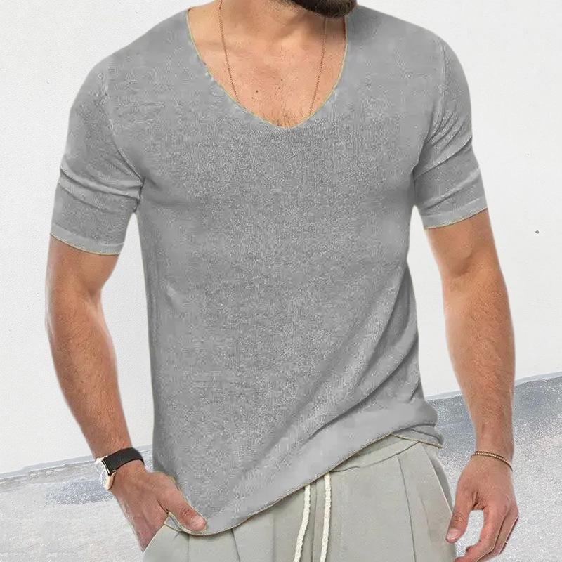 Men's Casual Solid Color V -Neck Short -Sleeved Knit Sweater